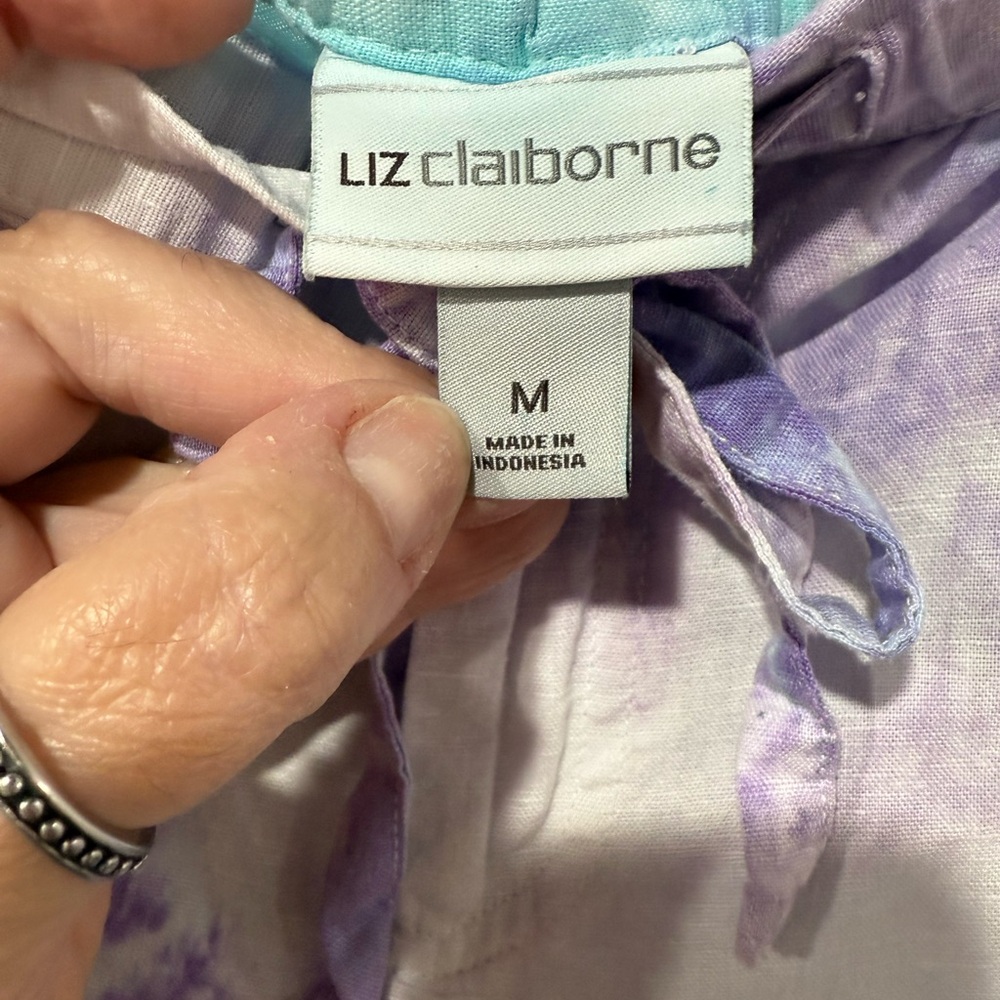 Liz Claiborne women’s tie dye purple, blue, white linen blend pants, size M - Picture 2 of 6